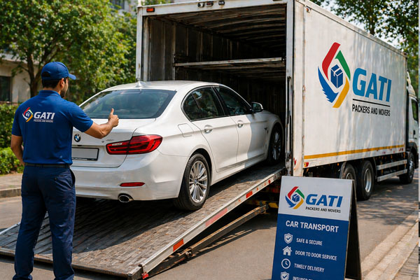 Car being loaded on transport carrier for vehicle shifting across India
