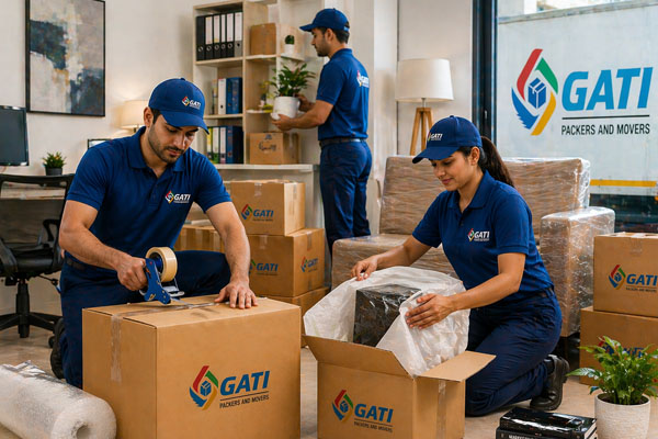 Professional packing team wrapping household goods with bubble wrap